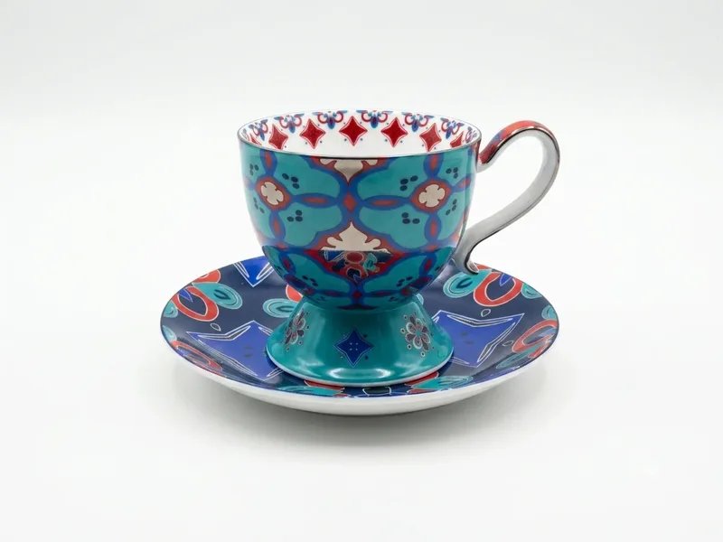 BLUE&RED PATTERNED CUP&SAUCER
